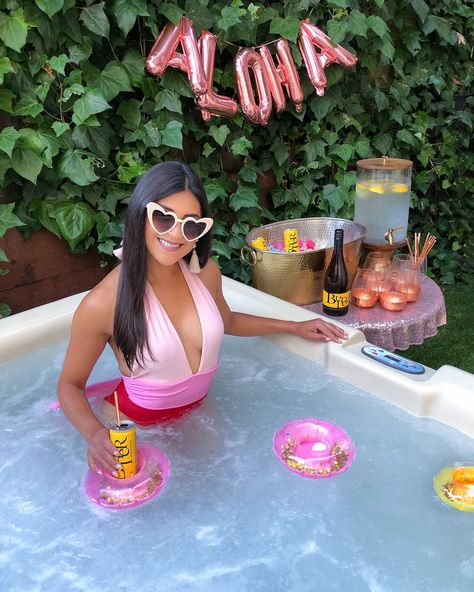 How to Throw a Hot Tub Party - Kelsey Kaplan Fashion | petite swim outfit | pink stripe one piece swim suit, heart sunglasses Hot Tub Birthday Party, Hot Tub Birthday Party Ideas, Hot Tub Bachelorette Party, Hot Tub Party Aesthetic, Hot Tub Party Ideas, Hot Tub Party, Outdoor Hot Tubs, Tiki Umbrella, Swim Outfit