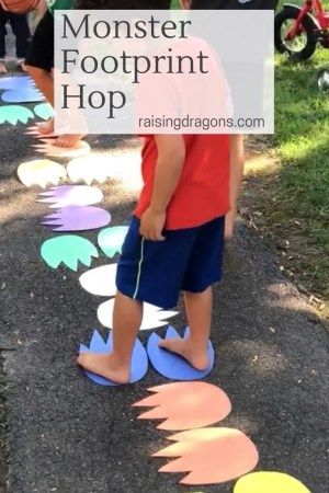 Monster Footprint Hop Gross Motor Kids Activity Monster Footprint, Kaba Motor Becerileri, Monster Activities, Gross Motor Activity, Aktiviti Kanak-kanak, Art Videos For Kids, Dinosaurs Preschool, Motor Planning, Physical Activities For Kids