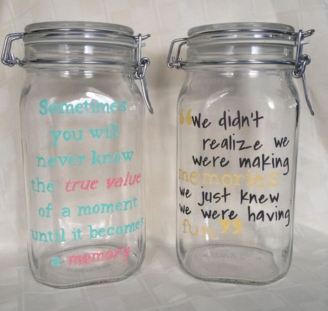 Memory jars using scrapbook stickers, super cute! Memory Jar Ideas For Best Friend, Memorie Jar Ideas, Fill Glass Jars Decorating Ideas, Senior Memory Ideas, Memory Jar Diy, Memory Jar Ideas, Memories Jar, Happiness Jar, Memory Quotes