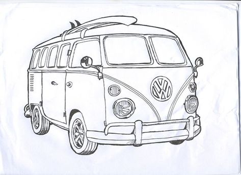 Kombi Van Drawing, Combi Van Drawing, Vw Van Tattoo, Volkswagen Bus Tattoo, Vw Bus Drawing, Van Drawing, Bus Drawing, Bus Art, Van Lines