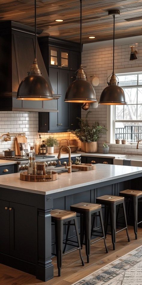 Top 28 Breathtaking Rustic Black Kitchen Designs Moody Kitchen Aesthetic, Black White And Natural Wood Kitchen, Black Kitchen And Living Room, 2024 Kitchen Lighting Trends, Black Aesthetic House Interior, Farmhouse Black Kitchen, Rustic Black Kitchen, Black Cabinet Kitchen, Kitchen With Black Accents