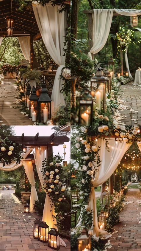 Outdoor wedding aisle with rustic lanterns, floral arches, elegant drapery, personalized signs, lush greenery, romantic candlelight, and unique aisle runners. Wedding Altar Decorations Outdoor, Lanterns Down The Aisle Wedding, How To Decorate A Pergola For A Wedding, Rustic Venue Decor, Wedding Themes Ideas Unique, Ceremony Walkway Decor, Isle Decorations Wedding Indoor, Wedding Aisle Decor Ideas, Candles Down Aisle Wedding