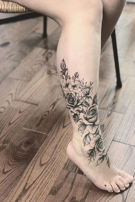 155 Eye-Catching Calf Tattoo Ideas to Flaunt Your Lower Leg - Wild Tattoo Art Wrap Around Ankle Tattoos, Tattoo Calf, Ankle Foot Tattoo, Calf Tattoos For Women, Flower Leg Tattoos, Little Rose Tattoos, Lower Leg Tattoos, Ankle Tattoos For Women, Anklet Tattoos