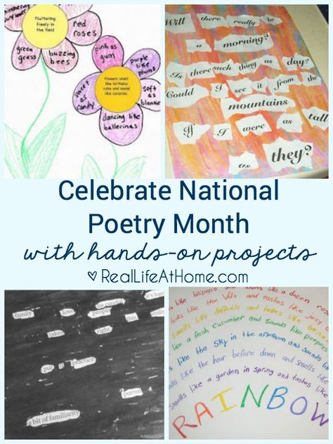 A fun variety of hands-on poetry projects for children (or adults!) in celebration of National Poetry Month - or for use any time! Poetry Crafts For Kids, 4th Grade Poetry, Poetry Cafe Classroom, Poetry Month Activities, April Poetry, Poetry Cafe, Poetry Crafts, Spring Library, Ela Stations
