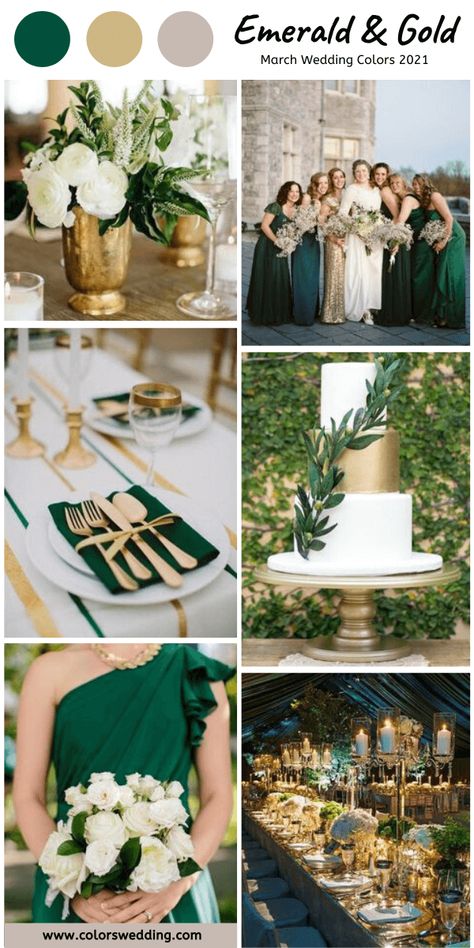 Wedding White Green Gold, Emerald Green Gold White Wedding, Emerald Green White And Gold Wedding, Emerald Green Color Palette Wedding, Gold Mason Jar Centerpieces, Green And Gold Gown, Emerald Green And Gold Wedding Decor, Emerald Green Wedding Cake, Emerald Green Gold Wedding