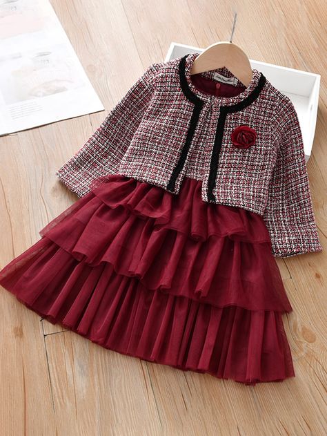 Burgundy Dressy Collar Long Sleeve Cotton Plaid  Embellished Non-Stretch Fall/Winter Toddler Girls Clothing Baby Girls Frock Designs For Winter, Baby Girl Dresses Winter, Toddler Girl Dresses Winter, Modest Girls Dresses, Girls Winter Dresses, Cake Dress, Girls Dresses Sewing