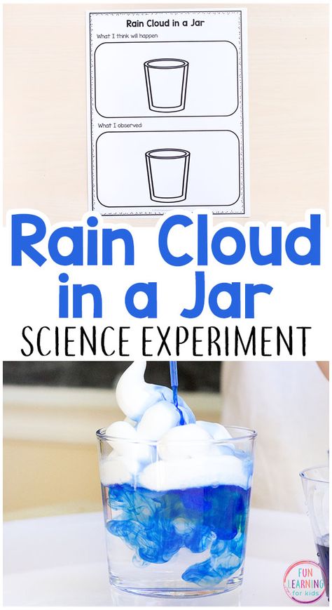 Rain cloud in a jar science experiment. This spring science activity is perfect for preschool, kindergarten and early elementary.#scienceforkids #scienceexperiments #STEM #preschool #weatherunit #scienceactivity Earth Prek Activities, Whats In The Sky Theme Preschool, Make It Rain Science Experiment, March Science Preschool, Science Experiment First Grade, Rain Art Activities For Preschoolers, Weather Science Kindergarten, Social Science Preschool Activities, Lesson Plan Themes Elementary