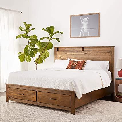 Queen Bed with Storage, HABITRIO Solid Wood Queen Size Platform Bed Frame with Rectangular Headboard with 2 Open Compartment, Footboard w/ 2 Drawers, No Box Spring Needed, Fit for Bedroom, Guest Room Wood Bed Frame With Drawers, Queen Wood Bed Frame, Cama Queen Size, Storage Bed Queen, Storage Headboard, King Size Platform Bed, Eastern King Bed, Bed Wood, Cama Queen