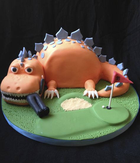 boys dinosaur golf birthday cake www.s-k-cakes.co.uk Golf Birthday Cake, 28th Birthday Cake, Golf Birthday Cakes, Golf Cake, Golf Event, Cake Pop Sticks, Dry Coconut, Fruit Infused Water Bottle, Golf Birthday