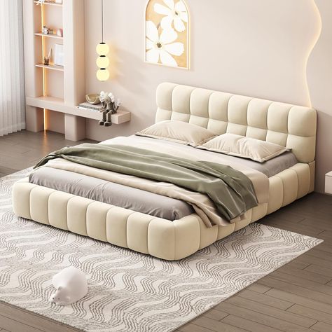 DEINPPA Queen Size Upholstered Platform Bed with Cloud Soft Headboard, Grounded Upholstered Wood Base Bed Frame, Italian Style Modern Beds-Beige Adult Bedroom Furniture, Wood Platform Bed Frame, Bed Floor, Queen Upholstered Bed, Beige Bed, Adult Bedroom, Cama Queen, Queen Size Bed Frames, Queen Platform Bed