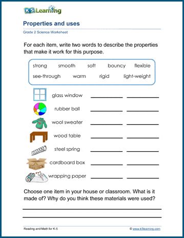 Material properties and uses worksheets - students relate materials' properties to their end uses. Free | Printable | Grade 2 | Science | Worksheets Material Properties Worksheet, Properties Of Materials Grade 1, Science Worksheets Grade 2, Science Grade 1 Worksheets, Properties Of Materials Worksheet, Grade 2 Science Worksheets, Log Math, Science Project Models, Free Science Worksheets