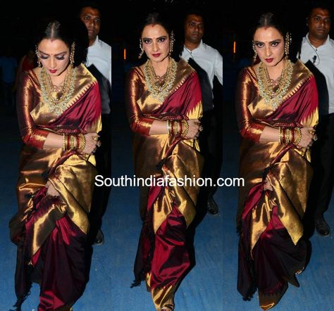 Rekha in a kanjeevaram saree Maroon Kanjivaram Silk Saree, Rekha Saree, Bollywood Saree Blouse Designs, Lengha Dress, Maroon Saree, Bridal Sarees South Indian, Kanjivaram Sarees Silk, Mysore Silk Saree, Wedding Saree Blouse