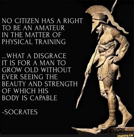 NO CITIZEN HAS A RIGHT TO BE AN AMATEUR IN THE MATTER OF PHYSICAL TRAINING ..WHAT A DISGRACE IT IS FOR A MAN TO GROW OLD WITHOUT EVER SEEING THE BEAUTY AND STRENGTH OF WHICH HIS BODY IS CAPABLE -SOCRATES - iFunny :) Warrioress Aesthetic, Socrates Quotes, Martial Arts Quotes, Physical Training, Stoic Quotes, Grow Old, Warrior Quotes, Socrates, Philosophy Quotes