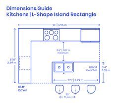 L-Shape Kitchen Islands are common kitchen layouts that use two adjacent walls, or L configuration, to efficiently array the various kitchen fixtures around a rectangular island counter. L-Shape Kitchen Islands have long lengths that range from 8’-13’ | 2.4-4 m and short lengths of 3’-9’ | .9-2.7 m. Downloads online #kitchens #layouts #home #homedesign #interiors Island Kitchen Ideas Modern, Rectangle Kitchen Layout, L Shaped Kitchen With Island Layout, Kitchen Plans Layout, Kitchen With Island Layout, Island Dimensions, Kitchen Island Size, L Shape Kitchen Layout, Kitchen Island Dimensions