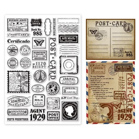 PRICES MAY VARY. Postmark Theme: 1 sheet 29.7x21cm/11.7x8.3inch clear silicone stamp with patterns of stamp, postmark, postcard. Great for decorating your envelope, postcard, scrapbook, diary and holiday cards. High Quality Material: Durable and safe, transparent and soft, washable and reusable, these clear stamps are made of high-quality silicone material that you can use or store with confidence. Reusable: After washing with clean water, please dry the clear silicone stamp seal with a cloth or Valentines Scrapbook, Album Decoration, Tampons Transparents, Cards Making, Acrylic Stamp, Card Book, Beautiful Greeting Cards, Vintage Junk Journal, Photo Journal