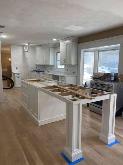 Long Narrow Kitchen Island With Seating At The End, Peninsula Kitchen To Island, Custom Island With Seating, Island Extended To Table, Peninsula With Seating On Both Sides, Island With Seating On One End, Long Island Table Kitchen, Counter Kitchen Table, Long Kitchen Island With Sink