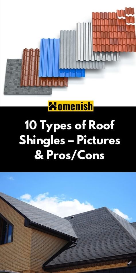 When it comes to protecting your home from pests, adverse weather conditions, and water leakage, you’ll need good quality roof shingles. But before choosing the right material for your roofing, you should first weigh up all the advantages and disadvantages of different types of roof shingles. To make this task easier for you, I’m going to explain in detail 10 types of roof shingles, how long they last for, and their pros and cons. Types Of Shingle Roofs, Roofing Materials Types Of, Types Of Roofs For Houses, Types Of Metal Roofs, Roof Materials Ideas, Different Roof Styles, Shingle Roof Colors, Roof Types Style, Types Of Roof Design