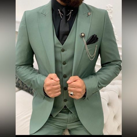 Hunter Green Suits For Men Wedding, Mens Sage Green Suit, Fall Wedding Tux Groom Attire Green, Mexican Suits For Men, Unique Wedding Suits Groom, Black Suit And Green Tie, Unique Men’s Suits, Fairy Wedding Suit, Suit Colors For Men Wedding