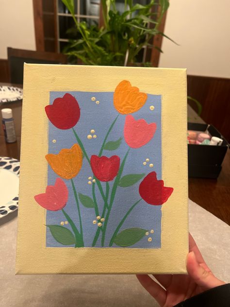 i dont know who the inspo was but i found the idea from someone else! Things To Draw Then Paint, Easy But Cute Painting Ideas, Paintinting Ideas Simple, Simple And Cute Paintings, Things To Paint On Canvas Summer, Aesthetic Painting Ideas Flowers, Canvas Inspo Easy, Easy Floral Painting Ideas, Small Simple Paintings Ideas