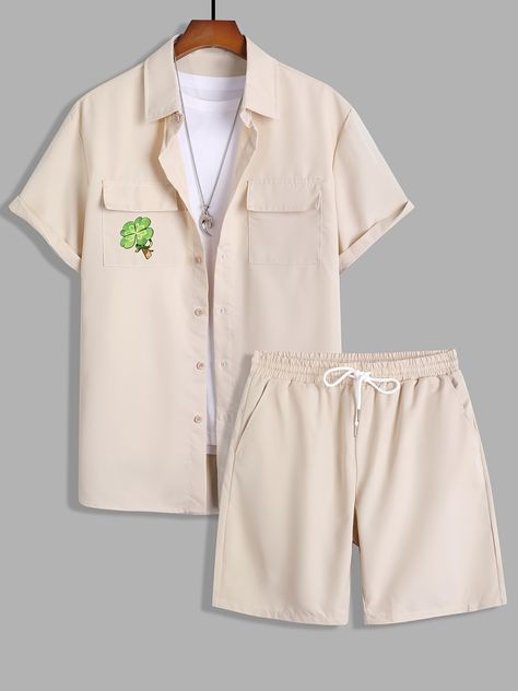 Faster shipping. Better service Outfits Short Sleeve, Outfits Short, Clover Design, Drawstring Waist Shorts, Men Outfit, Mens Clothes, Four Leaf, Leaf Clover, Short Sleeve Button