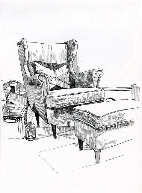 Pretty Flower Drawing, Draw Perspective, Pc Drawing, Interior Design Drawing, Furniture Drawing, Live Sketching, Pencil Drawing Ideas, Drawing Furniture, Chair Drawing