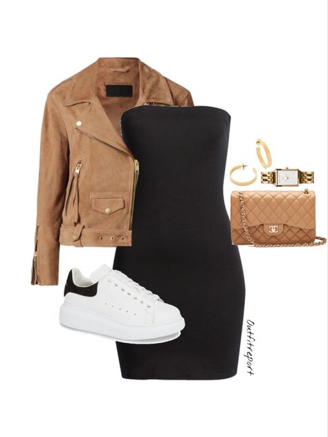 Bags For Dresses Outfit, Brown Bodycon Dress Outfit With Jacket, Casual Polyvore Outfits, Brown Black And White Outfit, Strapless Dress Outfit Casual, Beige Dress Outfit Casual, Black Bodycon Dress Outfit Casual, Teenage Fashion Outfits Ideas, Outfits With Alexander Mcqueen Sneakers