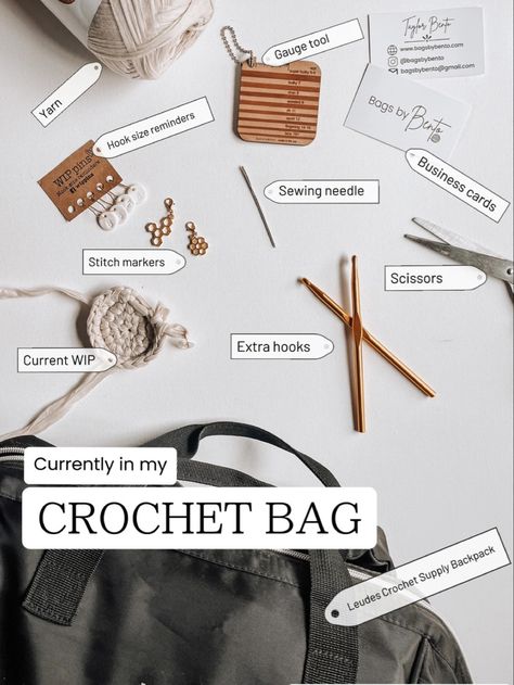 Crochet supplies and tools Crochet Bag For Crochet Supplies, Bag For Crochet Supplies, Crochet Supplies Bag, Bag Supplies, Crochet Labels, Crochet Backpack, Crochet Tools, Crochet Supplies, New Crochet