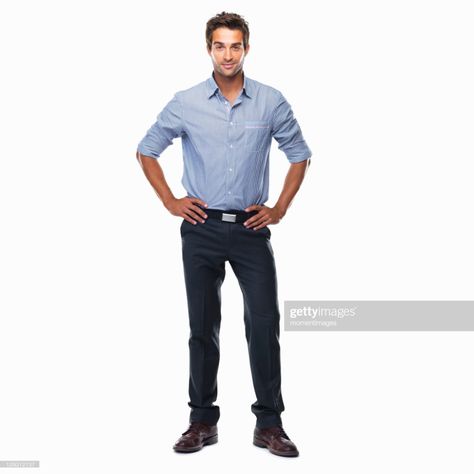 Stock Photo : Portrait of young business man standing with hands on hips and smiling against white background Hand On Hip Pose Reference Male, Normal Standing Poses, Business Man Reference, Hand On Hip Reference Male, Male Pose Standing, Man With Hands On Hips, Man Standing Pose, Hands On Hips Pose, Bbg Poses