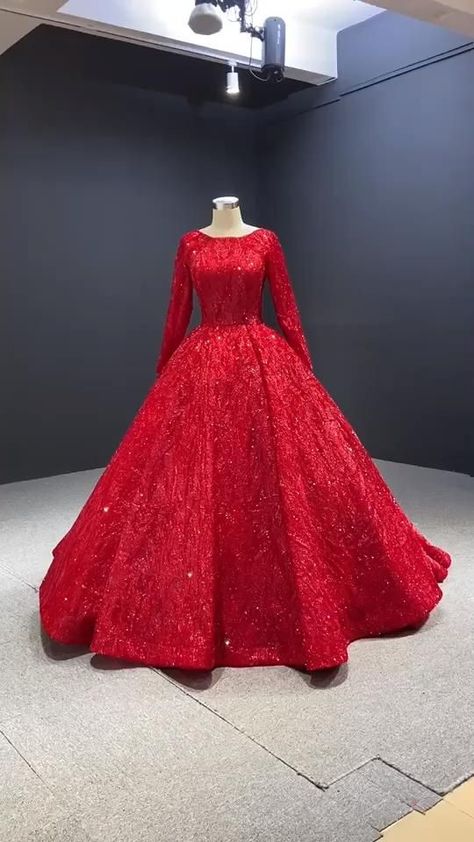 Dark Red Ball Gown, Red Ball Gowns, Prom Dresses Sparkly, Ball Gown Prom Dresses, Red Luxury, Gown Prom Dresses, Red Ball Gown, Red Bridal Dress, Long Sleeve Ball Gowns