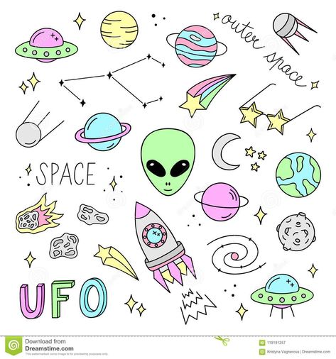 Cute Outer Space Vector Objects And Writings Stock Vector - Illustration of object, isolated: 119191257 Planet Doodles Solar System, Space Drawings Color, Comet Doodle, Cute Planet Drawings, Outer Space Doodles, Solar System Doodle, Cute Alien Drawing, Alien Doodles, Ufo Doodle