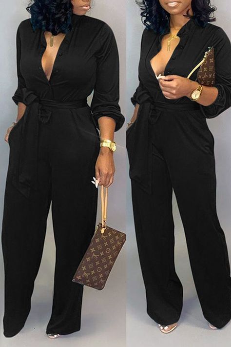 be53ee61104935234b174e62a07e53cfdesc34988265ri Fashion Weeks, Open Collar Shirt, Jumpsuit Fitted, Utility Jumpsuit, Casual Jumpsuit, Jumpsuit Fashion, Long Sleeve Romper, Plus Size Casual, Black Jumpsuit