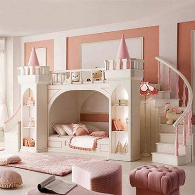 Sugar and spice and all things nice, That's what little girls are made of. Check out these adorable ideas for a little girl’s room! Princess Castle Bed, Design Ložnic, Castle Bed, Cool Kids Bedrooms, Princess Bedroom, Bunk Beds With Stairs, Bed With Slide, Princess Room, Hus Inspiration