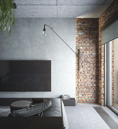 Tv Wall Design Industrial, Tv Wall Industrial, Industrial Bedroom Design Small Spaces, Exposed Brick Walls Living Room, Brick Wall Tv, Men Living Room, Brick Wall Living Room, Minimalist Loft, Brick Feature Wall