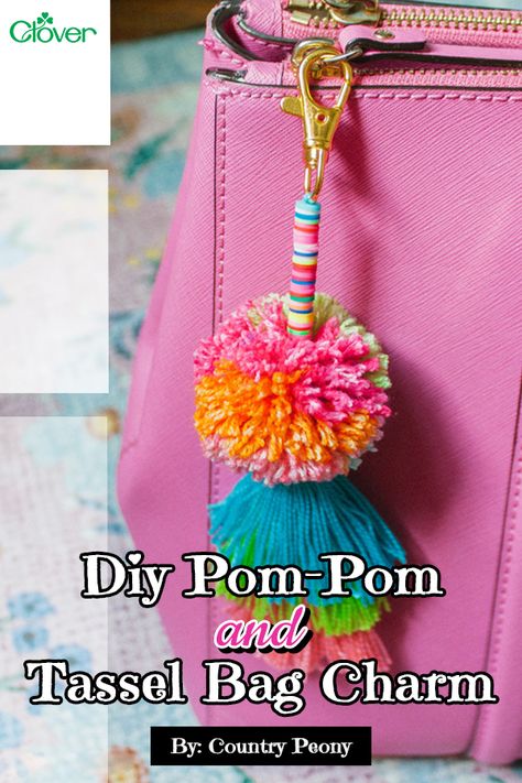 Bag charms are such a fun way to add a statement to a backpack, tote, or purse. Learn how to make one using our Pom-Pom Makers and Tassel Makers with instruction by Country Peony. All the information you need is on the blog. Pom Pom Tassel Bag Charm, Pom Pom Luggage Tags, Crochet Purse Tassel, Diy Purse Charms Ideas, Tassel Bag Charm Handmade, Diy Pom Pom Keychain How To Make, Yarn Tassel Keychain Diy, Diy Tassel Bag Charm, Pom Pom Keychain Diy How To Make