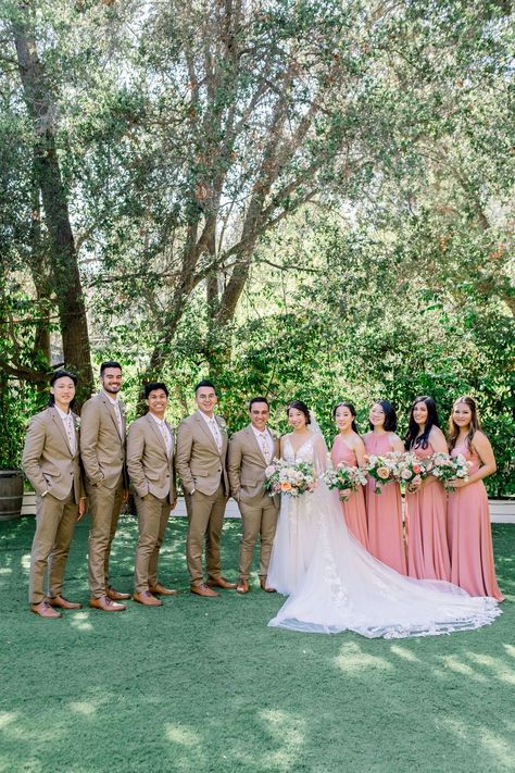 Western Bridesmaid Dresses Pink, Pink Wedding Bridal Party, Pink Wedding Party Attire, Pink And Green Wedding Party, Coral Pink Bridesmaid Dresses, Brown And Pink Wedding Theme, Pink Bridesmaids And Groomsmen, Tan And Pink Wedding, Pink Bridesmaid Dresses With Groomsmen