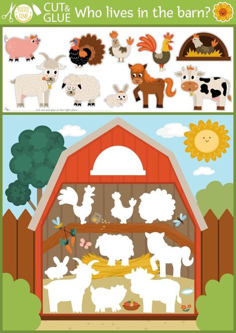 Vector on the farm cut and glue activity. Crafting game with cute farm animals and birds in the barn. Fun printable worksheet. Find right piece of the puzzle. Complete the picture. Who is missing game Animal Puzzle Printable, Farm Animals Games, Complete The Picture, Animal Crafts Preschool, Farm Cartoon, Farm Animals Preschool, Farm Animals Activities, Cute Farm Animals, Animal Activities For Kids