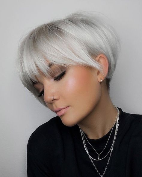 Metallic White Long Pixie with Full Bangs Long Pixie Bob, Haircuts Undercut, Kort Bob, Bob Pixie Cut, Short Pixie Bob, Pixie Bob Hairstyles, Angled Bob Haircuts, Short White Hair, Longer Pixie Haircut