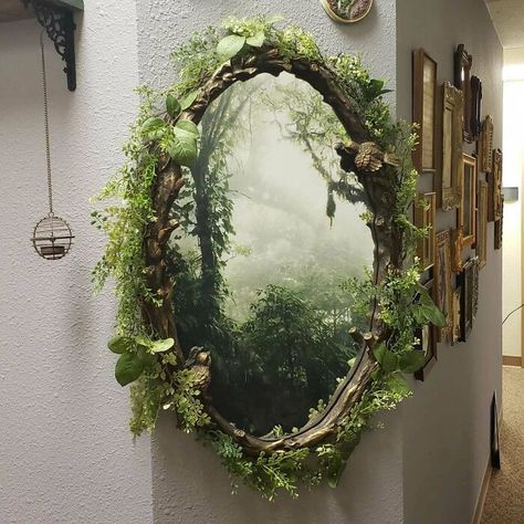 I Put Up A Forest Portal In My Office Forest Portal, Decorated Mirror, Forest Bedroom, Gambar Lanskap, Forest Room, Fairy Room, Apartment Studio, Deco Nature, Studio Apartment Decorating