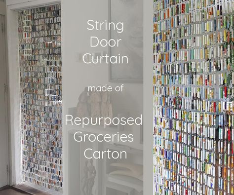 String Door Curtain Made of Repurposed Groceries Carton Diy Door Curtain, Fly Curtain, String Door Curtain, Artist Home Studio, Door Curtains Diy, Movie Poster Frames, Solid Door, Metal Steps, String Curtains