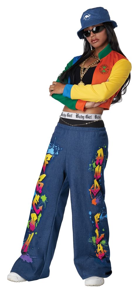 PRICES MAY VARY. Costume Includes: Jacket, Pants with Faux Boxers, Hat Adult: M (8-10) Chest 38" Waist 29" Hips 39" Height 68" Up to 140 Lbs Cropped jacket in four colors: orange, blue, yellow, green Pants have faux boxer waistline with text “fresh and fly” Hiphop Outfits, Baby Girl Costume, Rapper Costume, Hip Hop Mode, 90s Rappers, Style Bucket Hat, Style Année 90, Baby Costumes Girl, Baby Kostüm