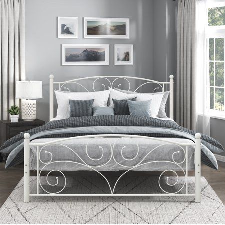 Perfectly at home in a child's or second bedroom, the Mitre Collection will be a stylish addition to your home. Crafted of metal in white finish, with a refined design that decorates the headboard and footboard, this elegant bed will pair with a number of room styles. The metal scroll system creates a platform for the mattress that allows you to complete the bed without foundation or box spring. The collection offers full and twin sizes for versatile placement within your home. White Metal Beds, White Rod Iron Bed Frame, Bedframe Inspiration, White Iron Bed Frame Bedroom, White Metal Bed Frame Bedroom Ideas, Metallic Beds, Iron Bed Design, Metal Bed Design, Metal Bed Frame Bedroom Ideas