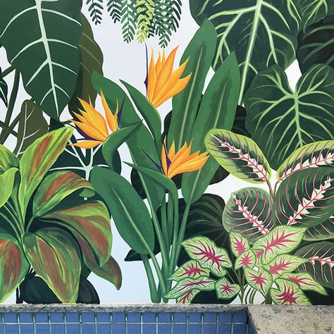 Tropical Murals For Home, Tropical Wall Garden, Tropical Mural Wall Art, Tropical Leaf Mural, Tropical Flower Mural, Tropical Mural Painting Outdoor, Plant Mural Painting, Nature Murals Painted, Tropical Wall Painting