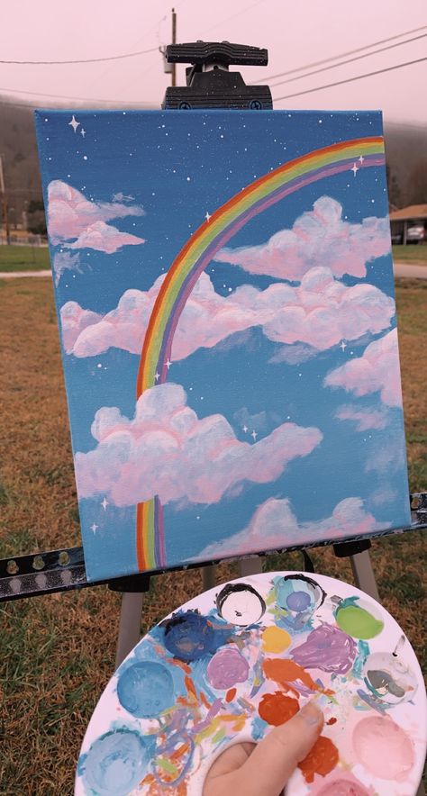 Canvas Painting Ideas Rainbow, Painting Ideas On A Wall, Rainbow Painting Aesthetic, Isabella Hobby, Rainbow Scenery Drawing, Painting Rainbows On Canvas, Acrylic Rainbow Painting, Rainbow Canvas Painting Ideas, Rainbow Aesthetic Painting