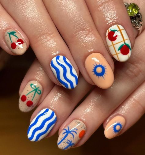 JULY NINETY SIX (@julyninetysix) • Instagram photos and videos Summer Nails July, Nails Red And Blue, Outline Nail Art, Tomato Nails, 1980s Nails, Nails Mismatched, Nails Coastal, Nails Europe, Mixed Nails