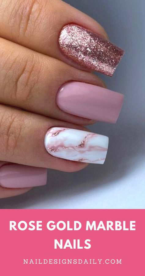 Pink With Marble Nails, Pink And White Nail Art Designs, Pink And Rose Gold Nail Ideas, Blush Pink Nails Wedding Rose Gold, Rose Gold Nail Ideas Acrylic, Rose Pink Nails Design, Blush Pink Nails With Design, Pink And Rose Gold Nails Acrylic, Trending Gel Nails 2023