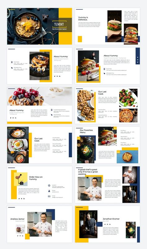 Food PowerPoint Presentation Template - 45 unique slides. Food Slide Presentation, Food Powerpoint Presentation, Food Layout Design, Food Presentation Design, Powerpoint Design Inspiration, Graphic Design Presentation, Food Powerpoint Template, Grpahic Design, Mẫu Power Point