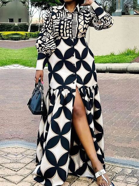 Regular Fit Geometric Shirt Collar Long Sleeve Elegant Maxi Dress | stylewe Chic Streetwear, Chic Dress Classy, Fashion Haul, Flowy Dresses, Afrikaanse Mode, Elegant Maxi Dress, African Fashion Women Clothing, Dresses Trendy, African Print Dress