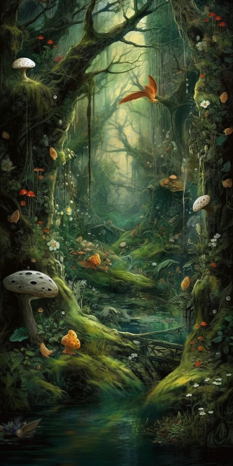 Enchanted Forest Astetic, Fairies On Mushrooms, Mystical Nature Art, Mythical Mushroom Forest, Fairy Realm Fantasy Art, Fairies In Forest, Mystical Garden Magical Forest, Mystical Forest Creatures, Enchanted Forest Pictures