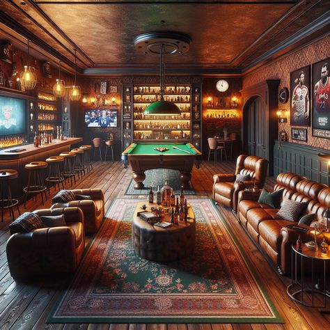 Experience cozy luxury in this spacious man cave. Highlights include a well-stocked bar, a gaming corner, a quiet reading nook, a pool table, and a viewing area with plush leather recliners around a large flatscreen TV. The room is painted in warm, dark tones for a relaxed vibe. #LuxuryManCave #GameRoom #HomeBar #PoolTable #HomeTheater #BookNook Man Cave Fireplace Ideas, Gaming Library Room, Rustic Bar Ideas Restaurant, Man Cave Sports Bar, Home Bar With Pool Table, Pool Table In Basement, Bloxburg Pool Table, Cabin Gameroom, Man Cave With Bar