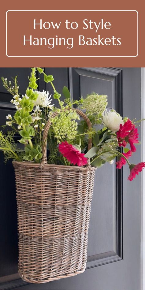 Entryway Hanging Basket Ideas, Adirondack Basket Front Door, Basket For Door, Hanging Baskets Front Door, Hanging Basket Decor Ideas, Outdoor Basket Ideas, Wicker Hanging Basket, Front Door Hanging Basket Ideas, Basket For Front Door Decorating Ideas